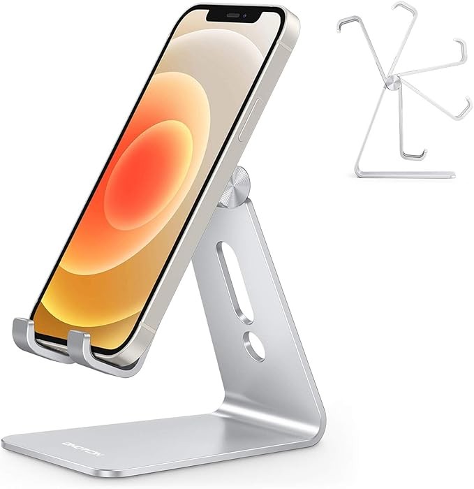 Adjustable Cell Phone Stand, OMOTON Aluminum Desktop Cellphone Stand with Anti-Slip Base and Convenient Charging Port, Fits All Smart Phones, Silver