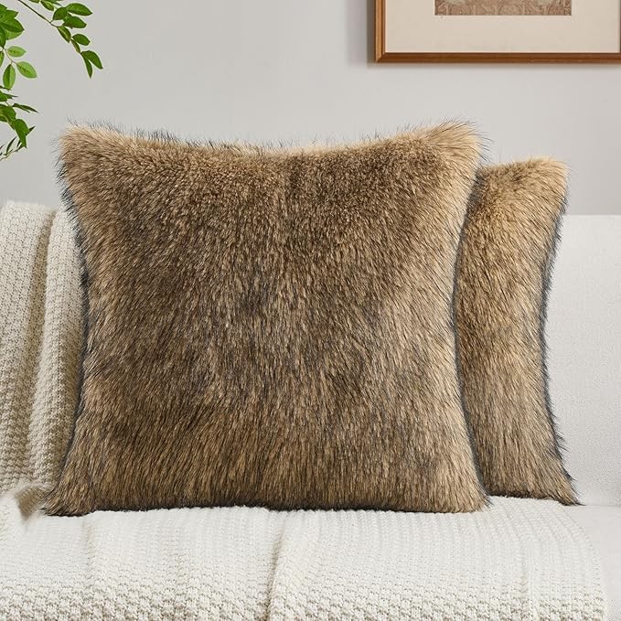 FUTEI Tawny Decorative Throw Pillow Covers 18x18 Inch Set of 2,Soft Faux Raccoon Fur Textured Cushion Case,Modern Home Luxurious Decor for Couch Bed Living Room