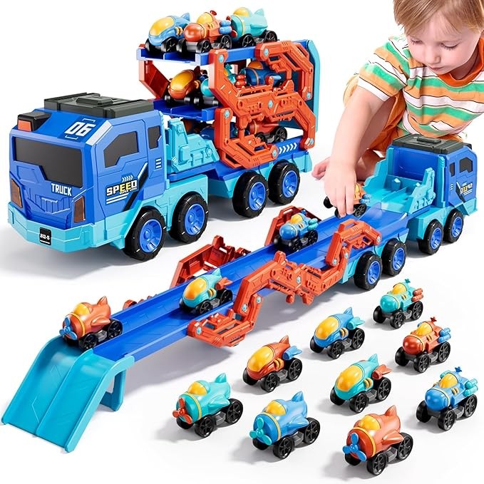 IHAHA 10-in-1 Toddler Foldable Carrier Space Truck Toys for Kids Boys Ages 3-5 4-7, Long Race Track Ejection Truck with Lights & Sounds and 9 Race Cars, 3 4 5 6 7 8 Year Old Boys Girls Birthday Gifts