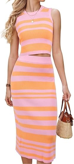 Arach&Cloz Women's Non See Through 2 Piece Sets Tank Top and Midi Skirt Knit Outfits