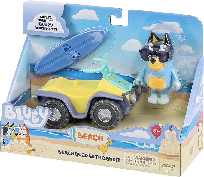 Bluey Bandit Surf Beach Toy Set, Exclusive 3" Poseable Bandit Figure Beach Toy Kit with Sunglasses, Quad Bike & Surfboard Accessories