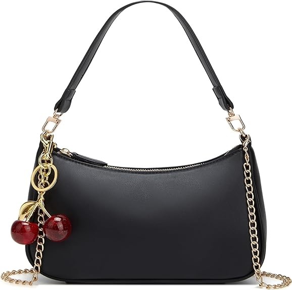 Black Shoulder Bag for Women Cute Hobo Cherry Purse Retro Clutch Underarm Handbag with Removable Straps