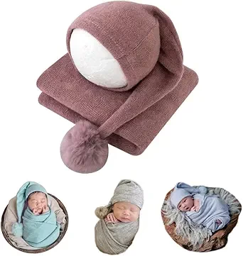 Coberllus Newborn Photography Props Girls Boys Sleepy Knot Hat & Fabric Posing Wrap Blanket Basket Stuffer Photo Prop Set