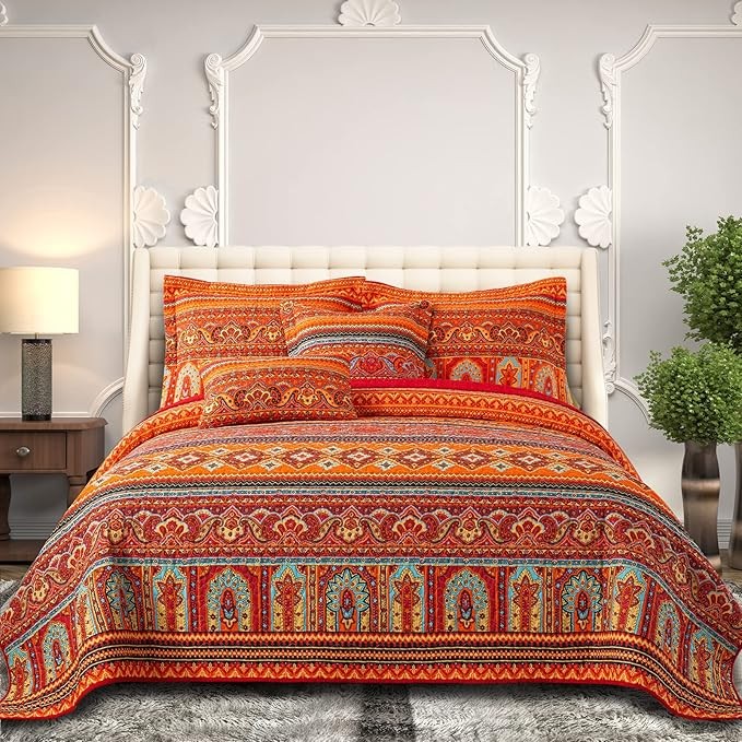 BEDIFANY Cotton Quilts Queen Size Set - Lightweight Bedspreads Queen Size - Soft Colorful Orange Quilted Quilt Bedding Sets (90 * 98 Inch) with 2 Pillow Shams for Bed Decoration Coverlet, 3 Pieces