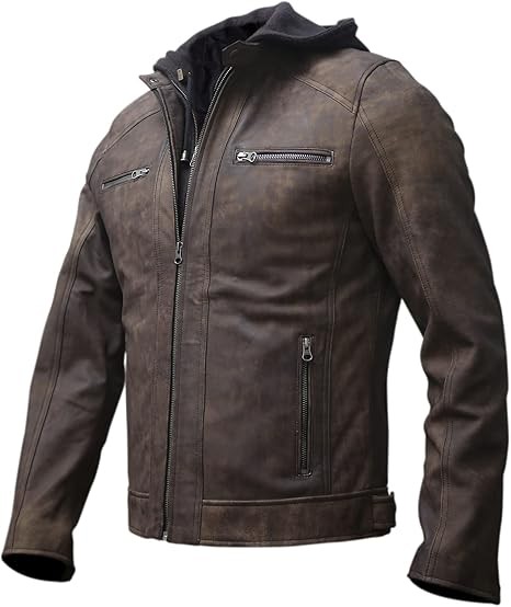 Artistry Leather Mens Genuine Lambskin Leather Motorcycle Jacket with Removable Hood in Black Brown